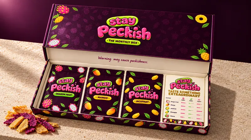 Open Stay Peckish monthly box with three pouches and a gold foil tasting card