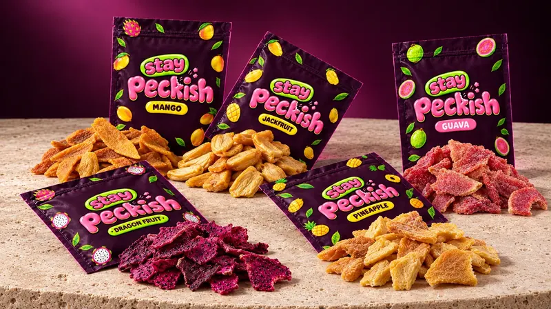 All five Stay Peckish pouches scattered on a stone table with their dried fruit